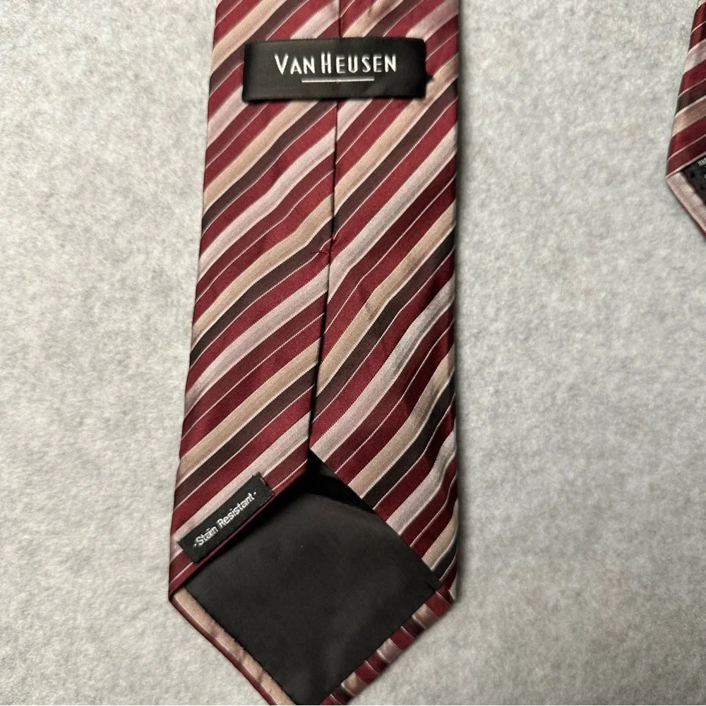 VAN HEUSEN‎ Mens Silk Blend Striped Necktie Burgundy Tan Brown Formal Business